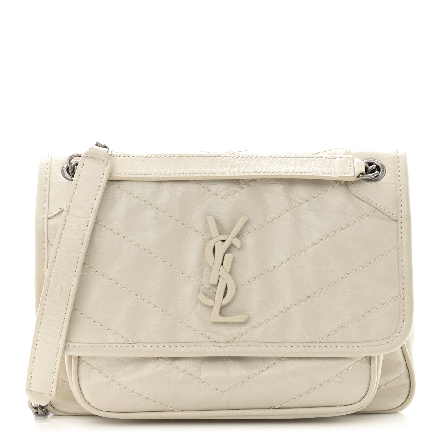 Crinkled Calfskin Matelasse Monogram Baby Niki Chain Satchel Ivory