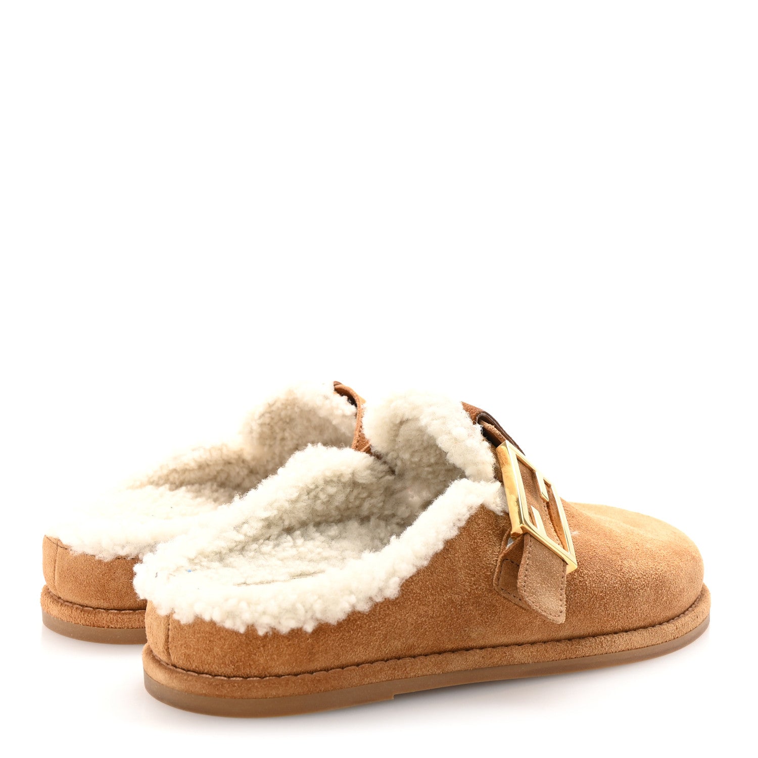 Fendi Suede Shearling Fendi Feel Buckled Clogs 36.5 Caramel Latte 5 of 9