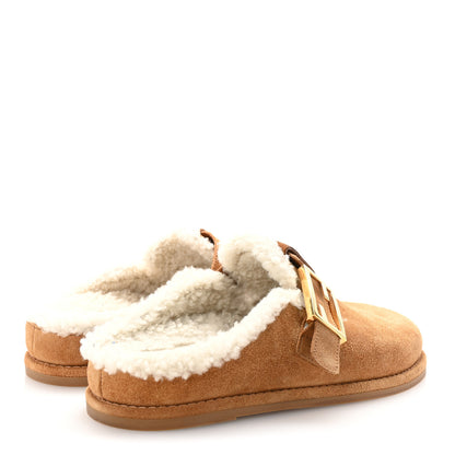 Fendi Suede Shearling Fendi Feel Buckled Clogs 36.5 Caramel Latte 5 of 9