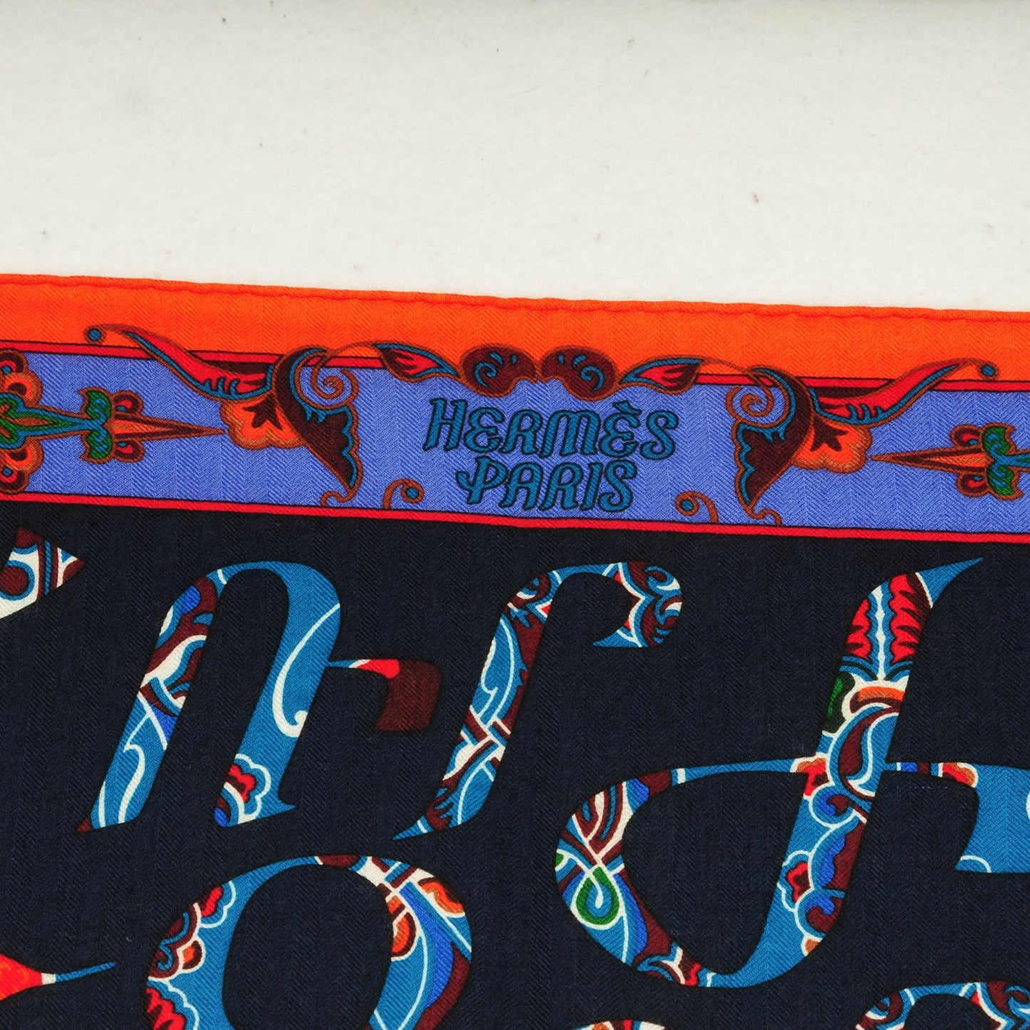Cashmere Silk Lettres d'Erevan Shawl 140 Marine Canard Orange
