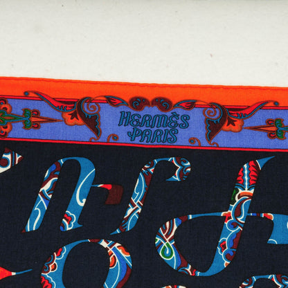 Hermes Cashmere Silk Lettres d'Erevan Shawl 140 Marine Canard Orange 3 of 6
