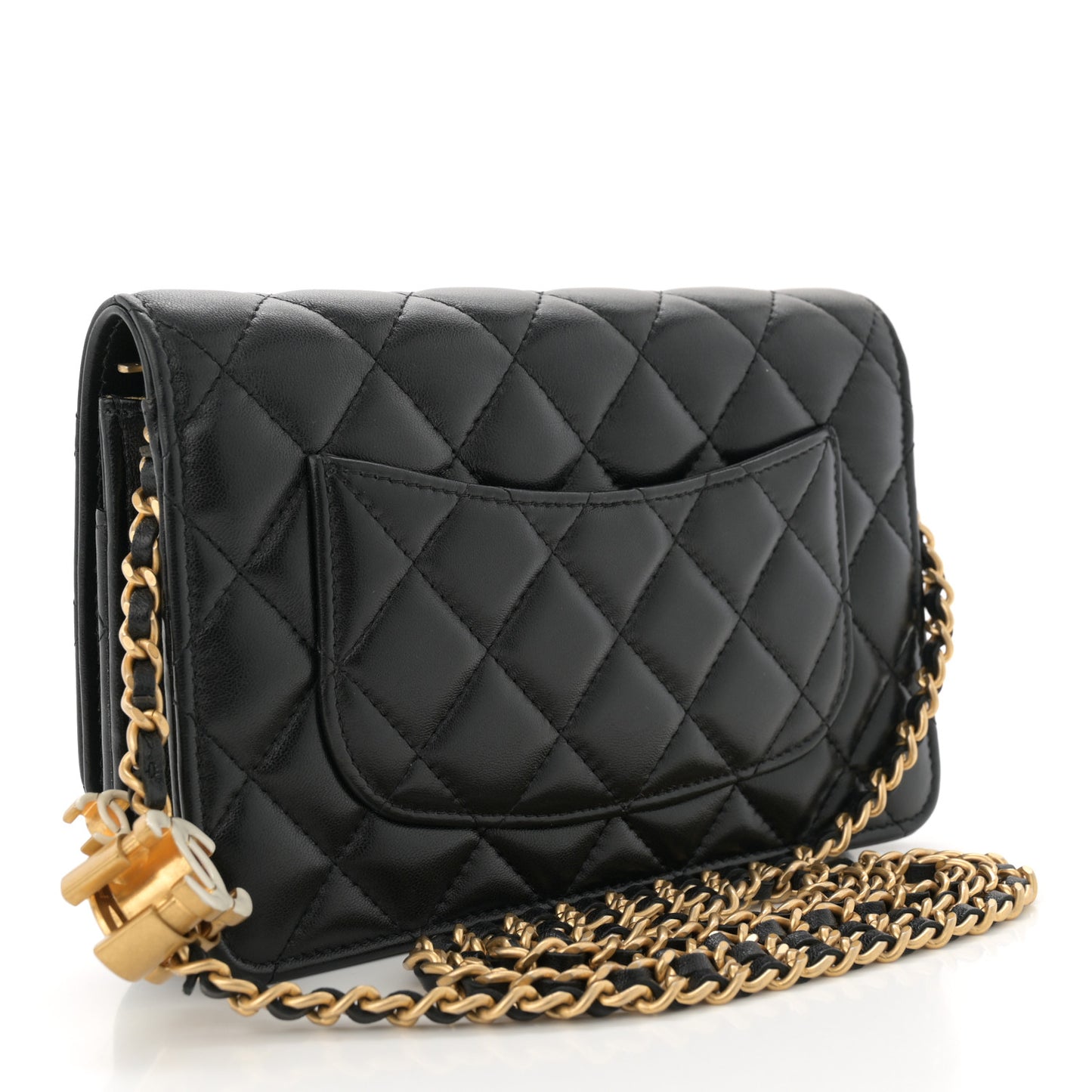 Shiny Lambskin Quilted Enamel Wallet On Chain WOC Black