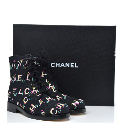 Chanel Tweed Lace Up Short Boots 38 Black Ecru Green Red 8 of 8