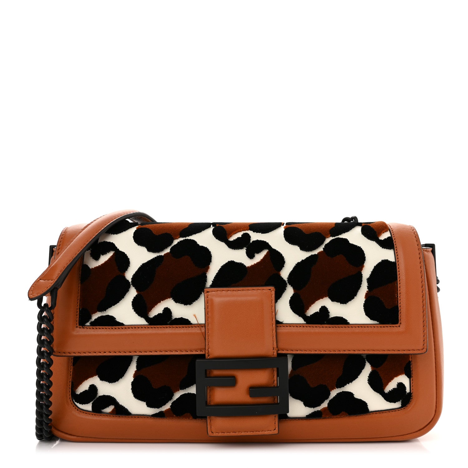 Fendi Vitello Grace Nappa Enamel Leopard Chain Baguette Ice White Multicolor Brandy Black 1 of 12