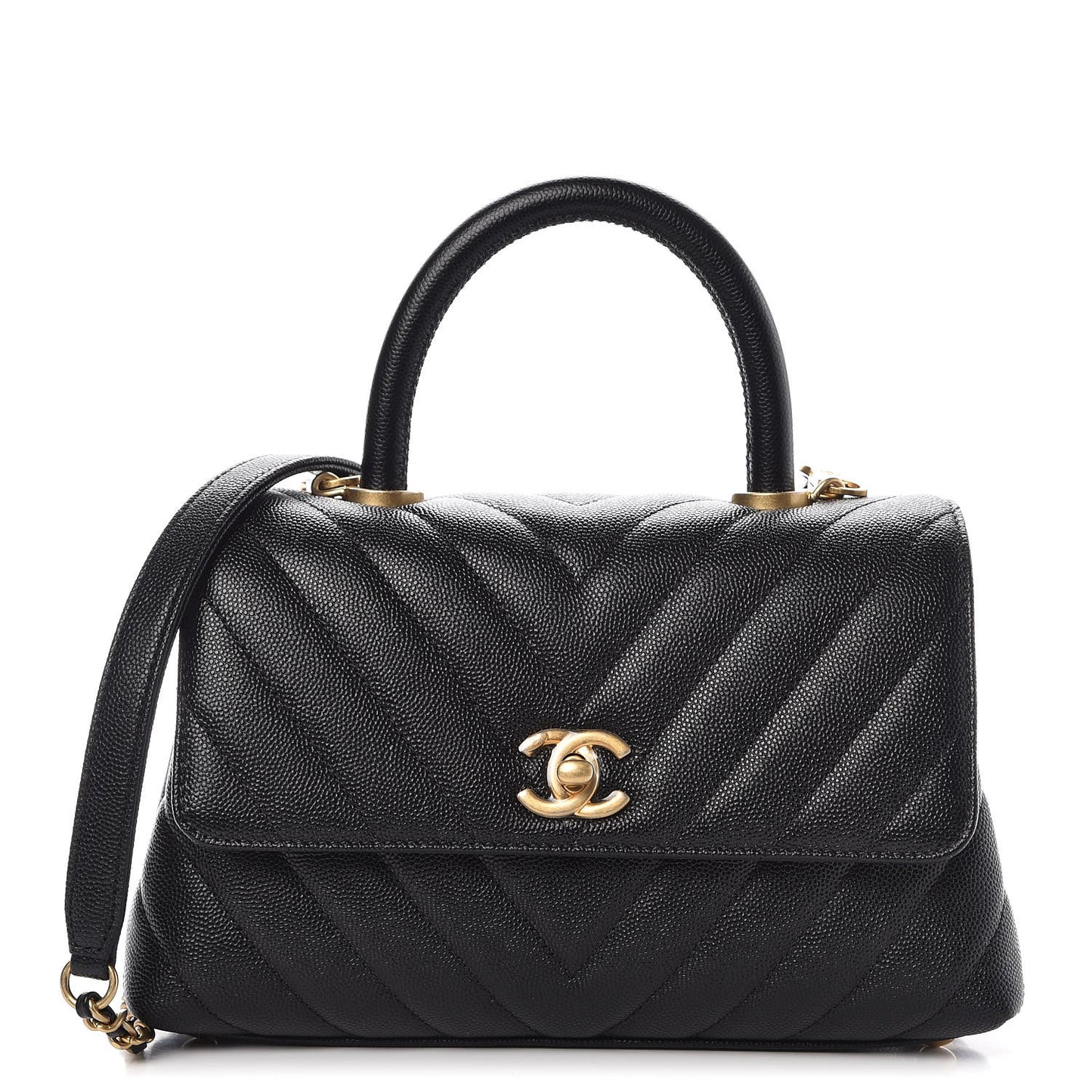 Caviar Chevron Quilted Mini Coco Handle Flap Black