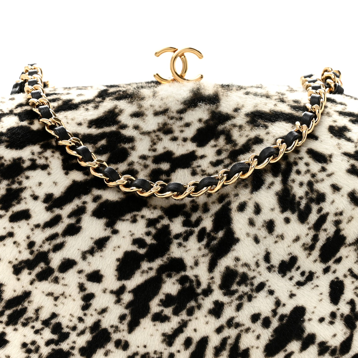 Lambskin Pony Hair Printed Clutch With Chain Black White