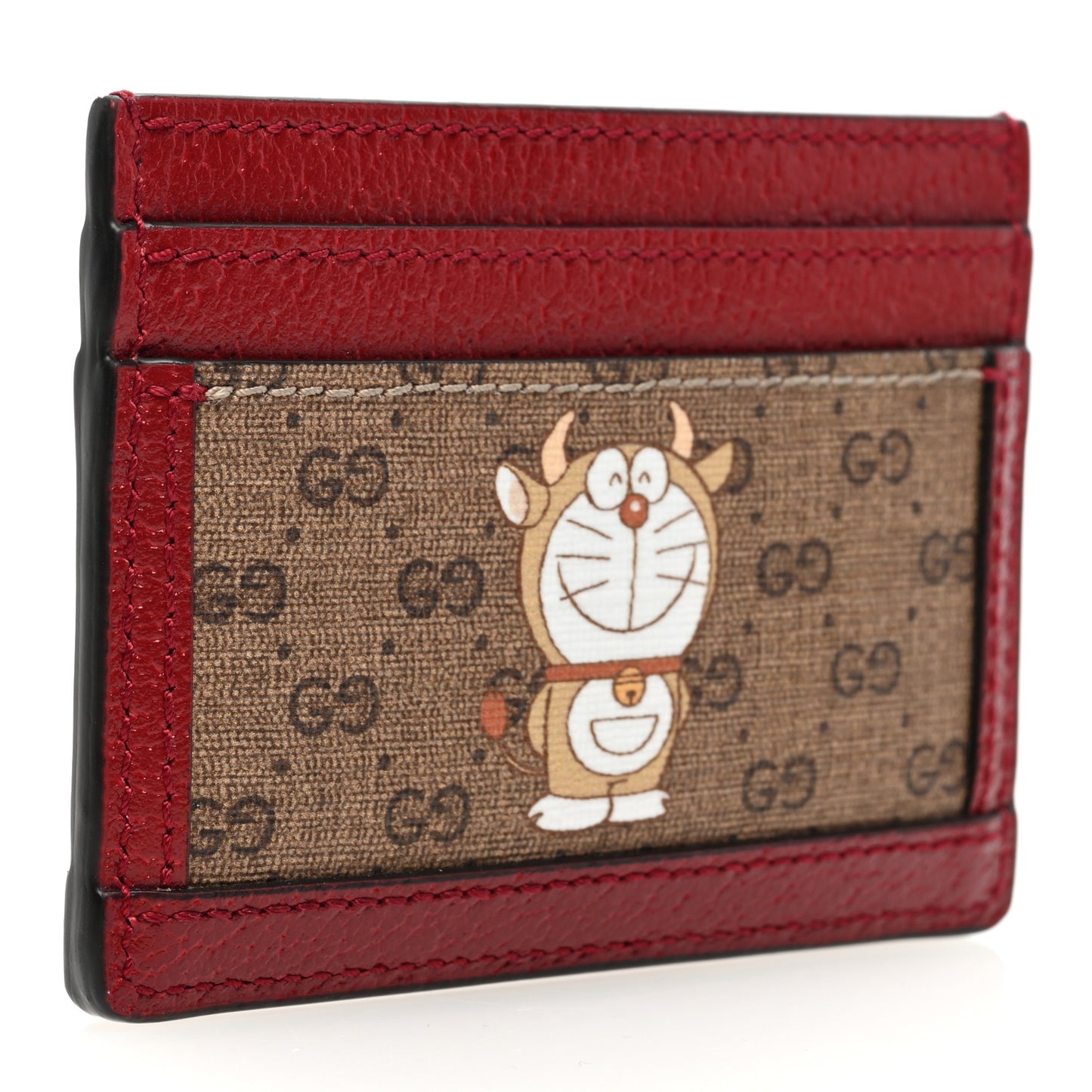 X DORAEMON Mini Vintage GG Supreme Monogram Card Holder Beige Cherry Red