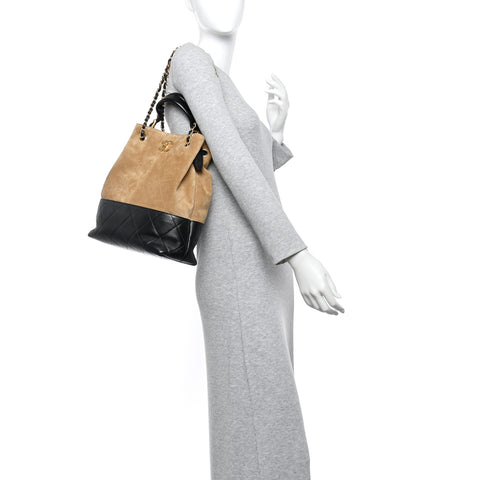 Suede Calfskin Shiny Lambskin Quilted Coco Base Shopping Bag Beige Black