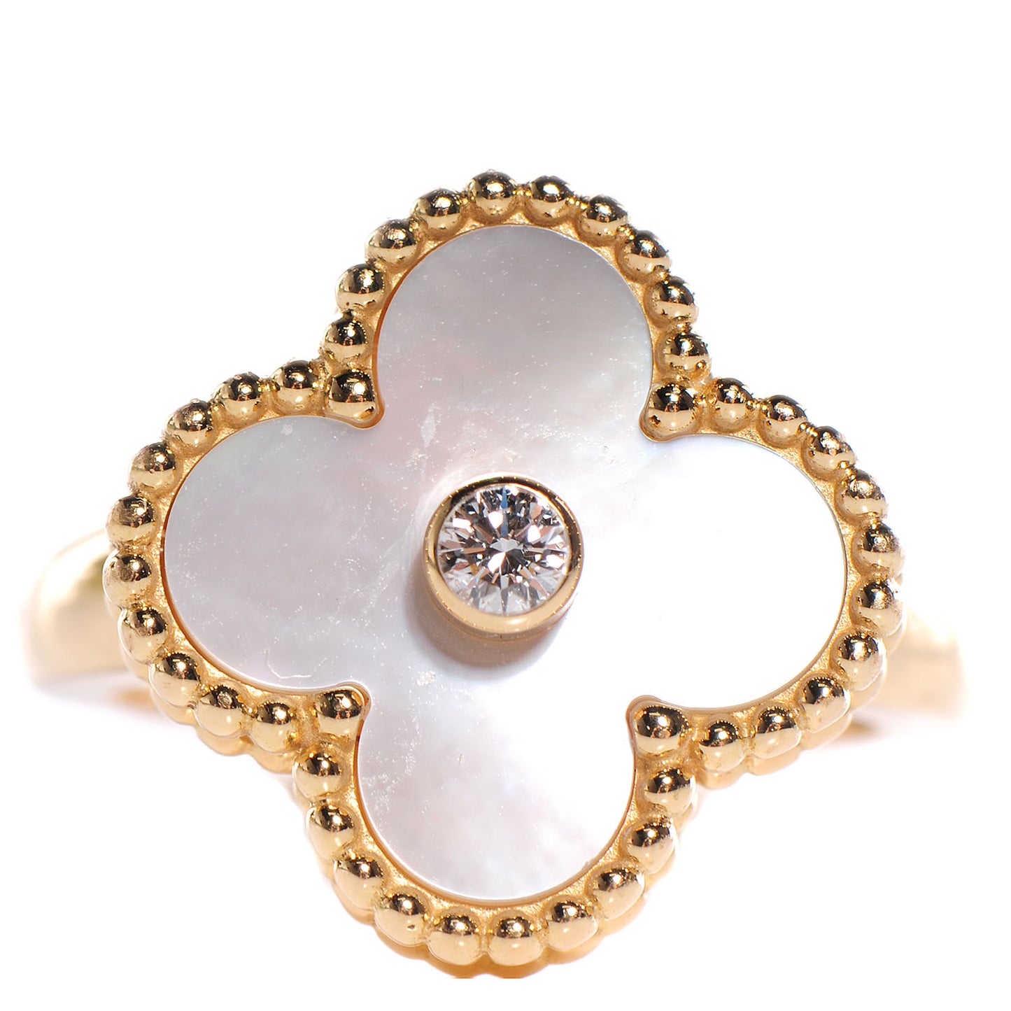 18K Yellow Gold Diamond Mother of Pearl Vintage Alhambra Ring 47 4