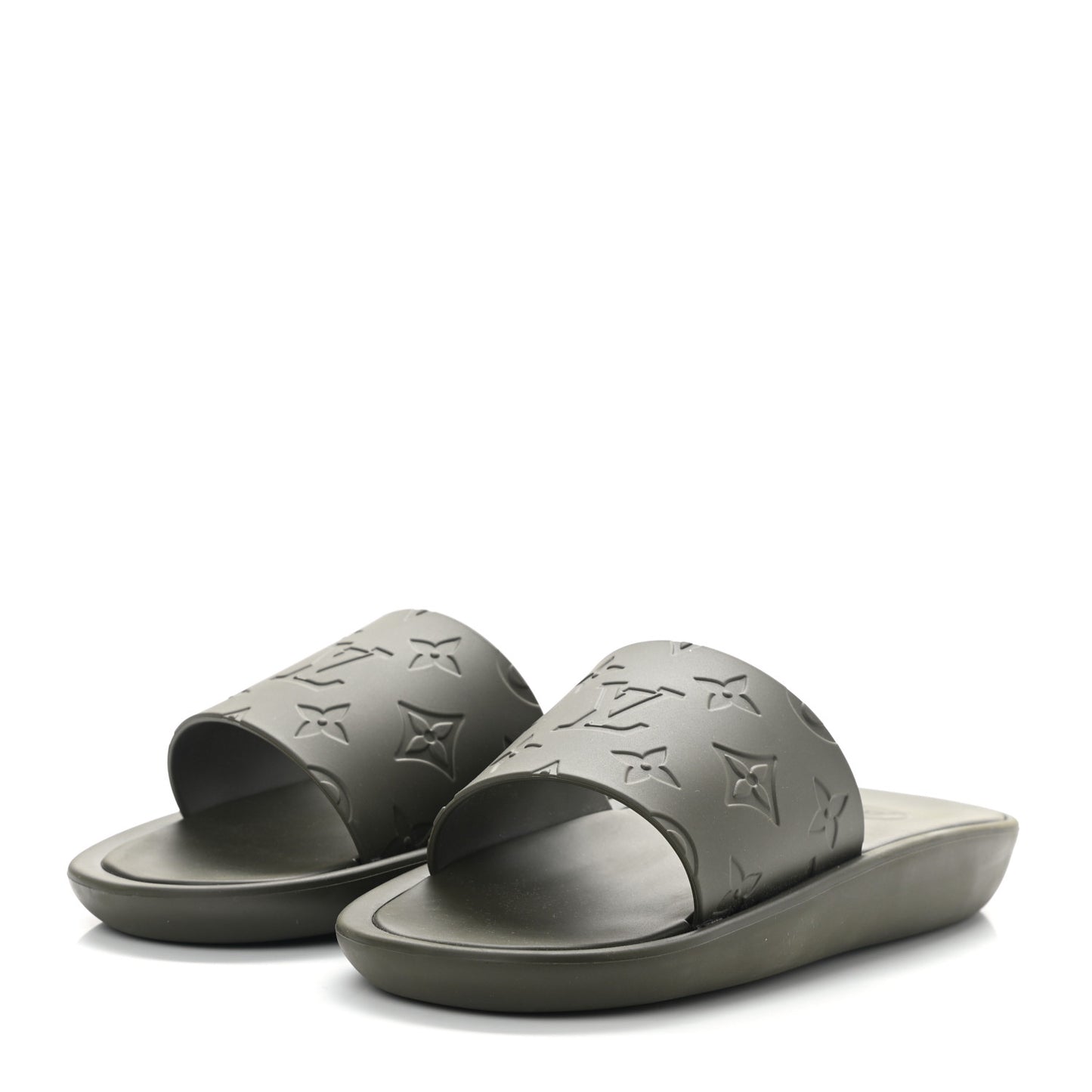 Matte Rubber Monogram Embossed Sunbath Slide Sandals 37 Khaki