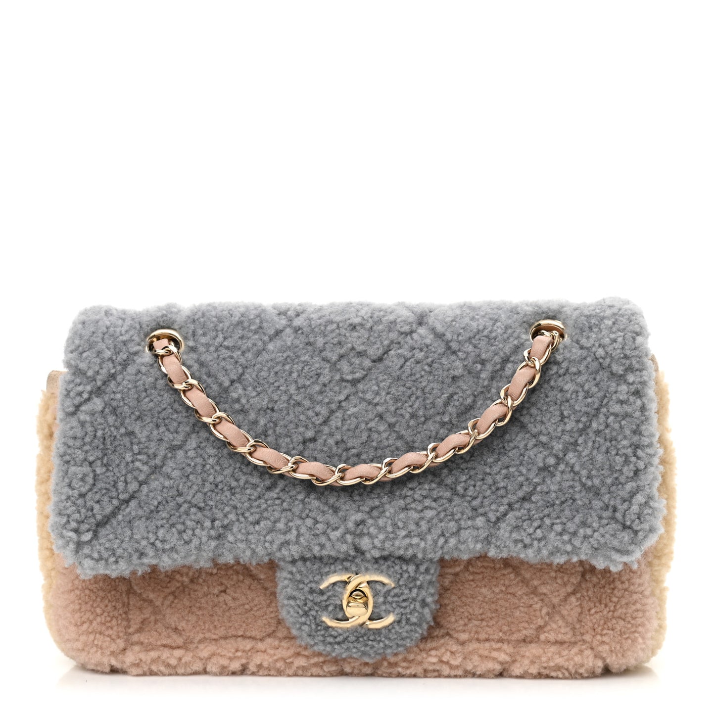 Shearling Sheepskin Single Flap Gray Pink Beige