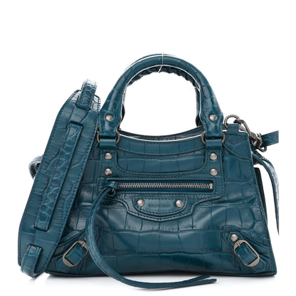 Balenciaga Calfskin Crocodile Embossed Neo Classic Silver Hardware Mini City Dark Petrol Blue 1 of 11