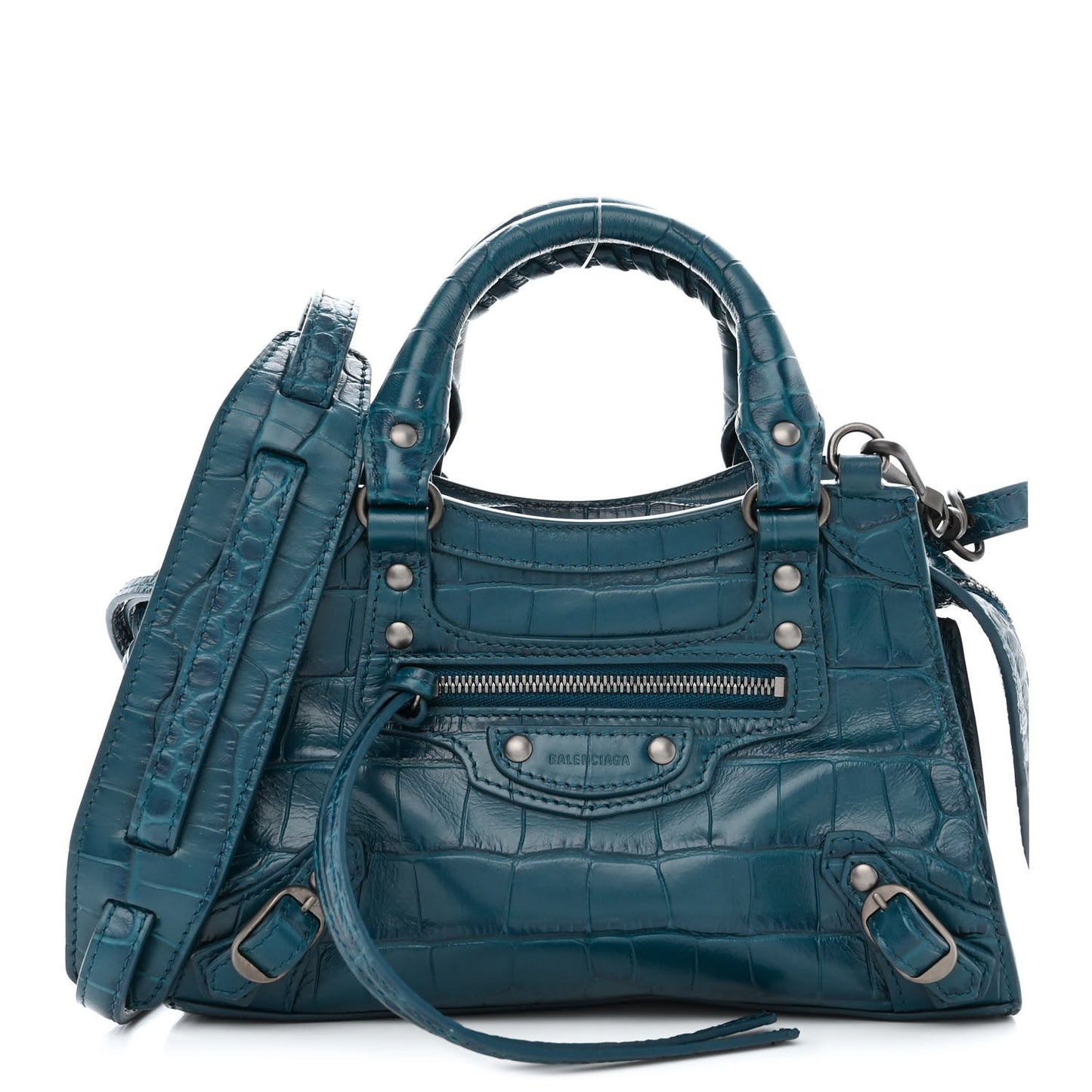 Calfskin Crocodile Embossed Neo Classic Silver Hardware Mini City Dark Petrol Blue