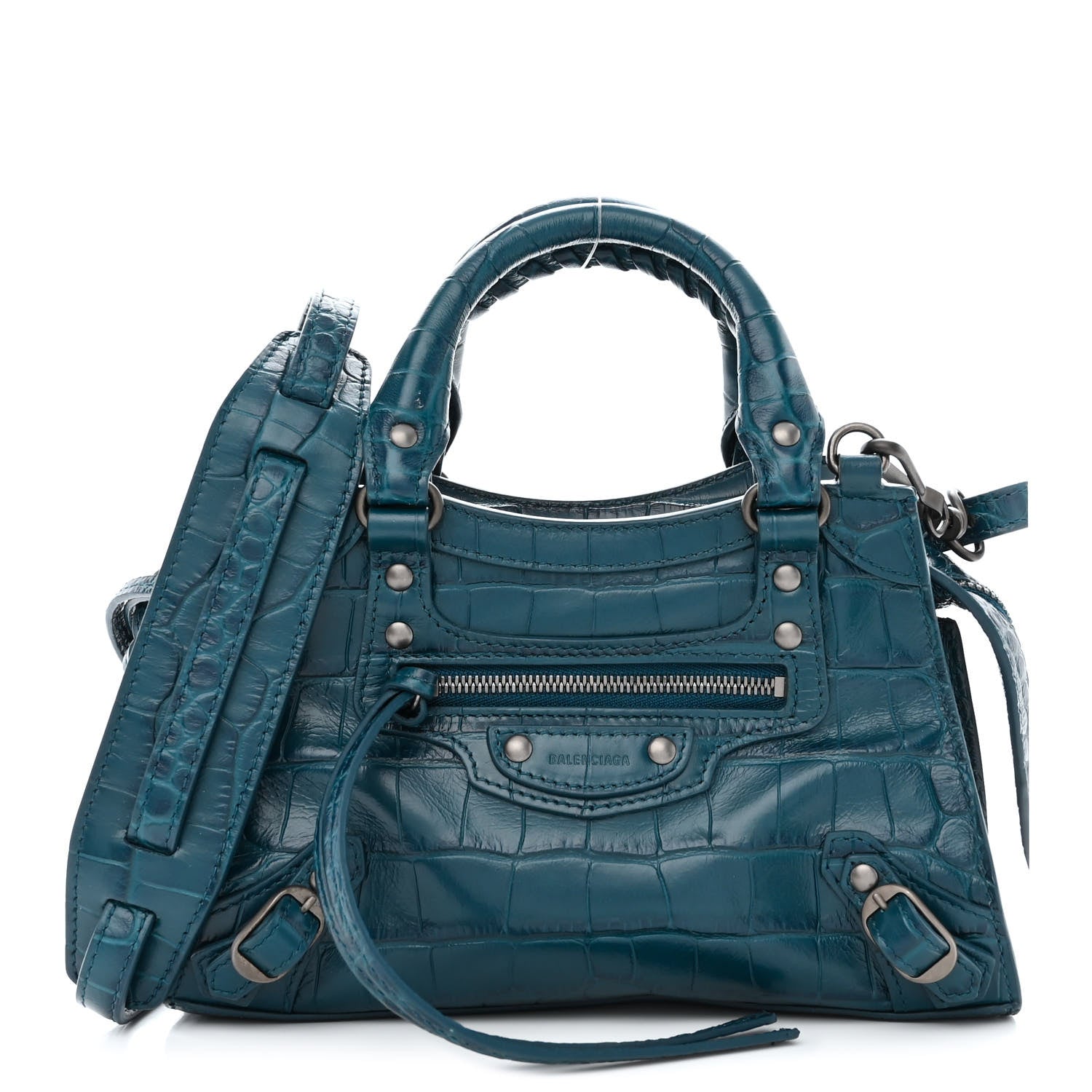 Balenciaga Calfskin Crocodile Embossed Neo Classic Silver Hardware Mini City Dark Petrol Blue 1 of 11