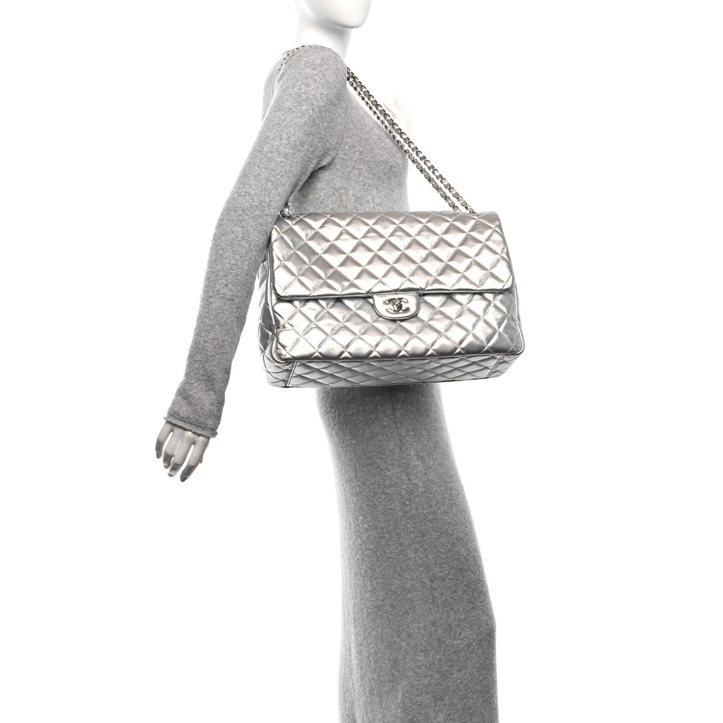 Metallic Lambskin Quilted XXL Travel Flap Bag Silver
