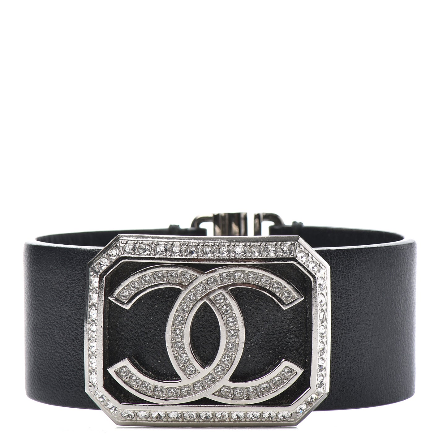 Calfskin Crystal CC Cuff Bracelet M Black