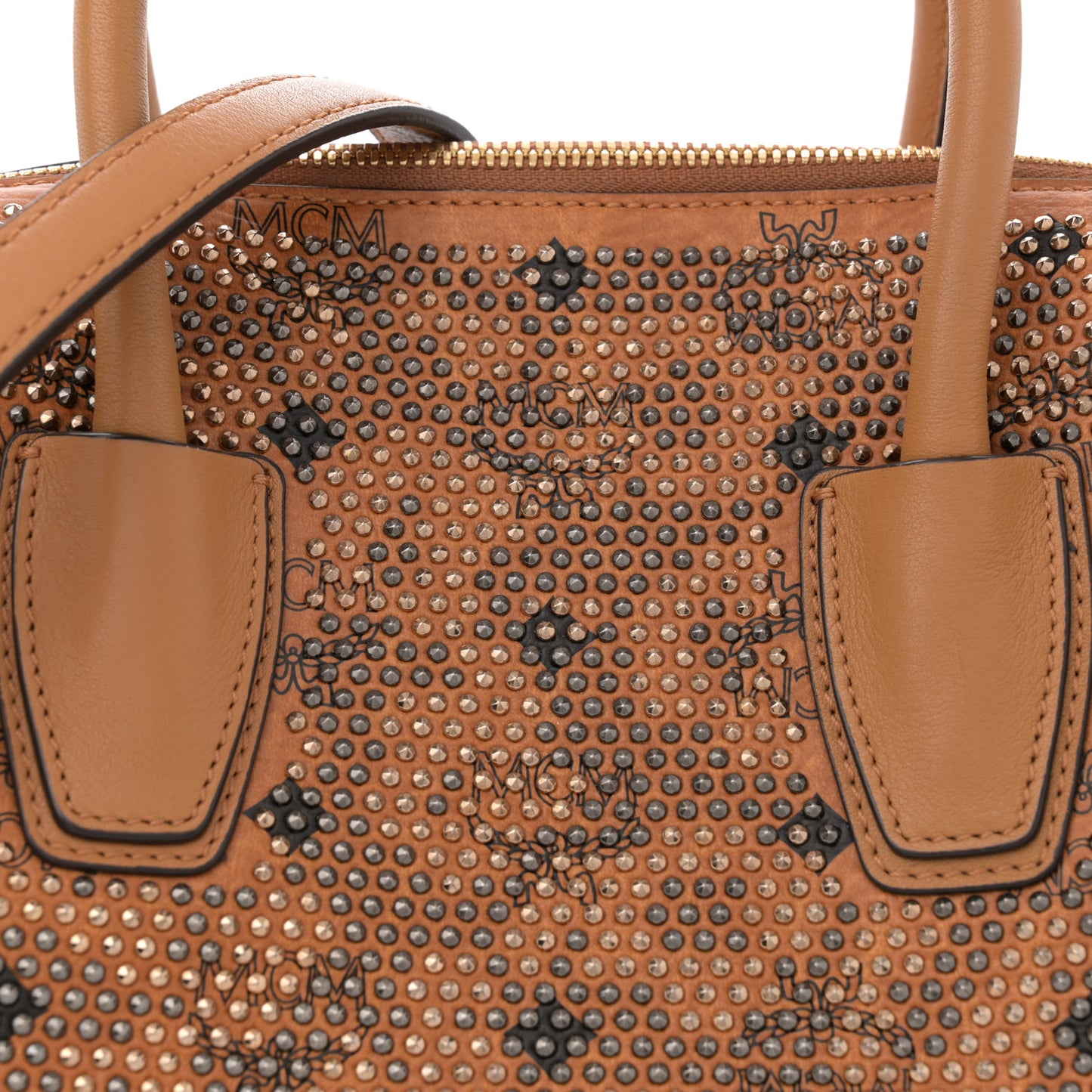 Visetos Calfskin Studded Boston Bag Cognac