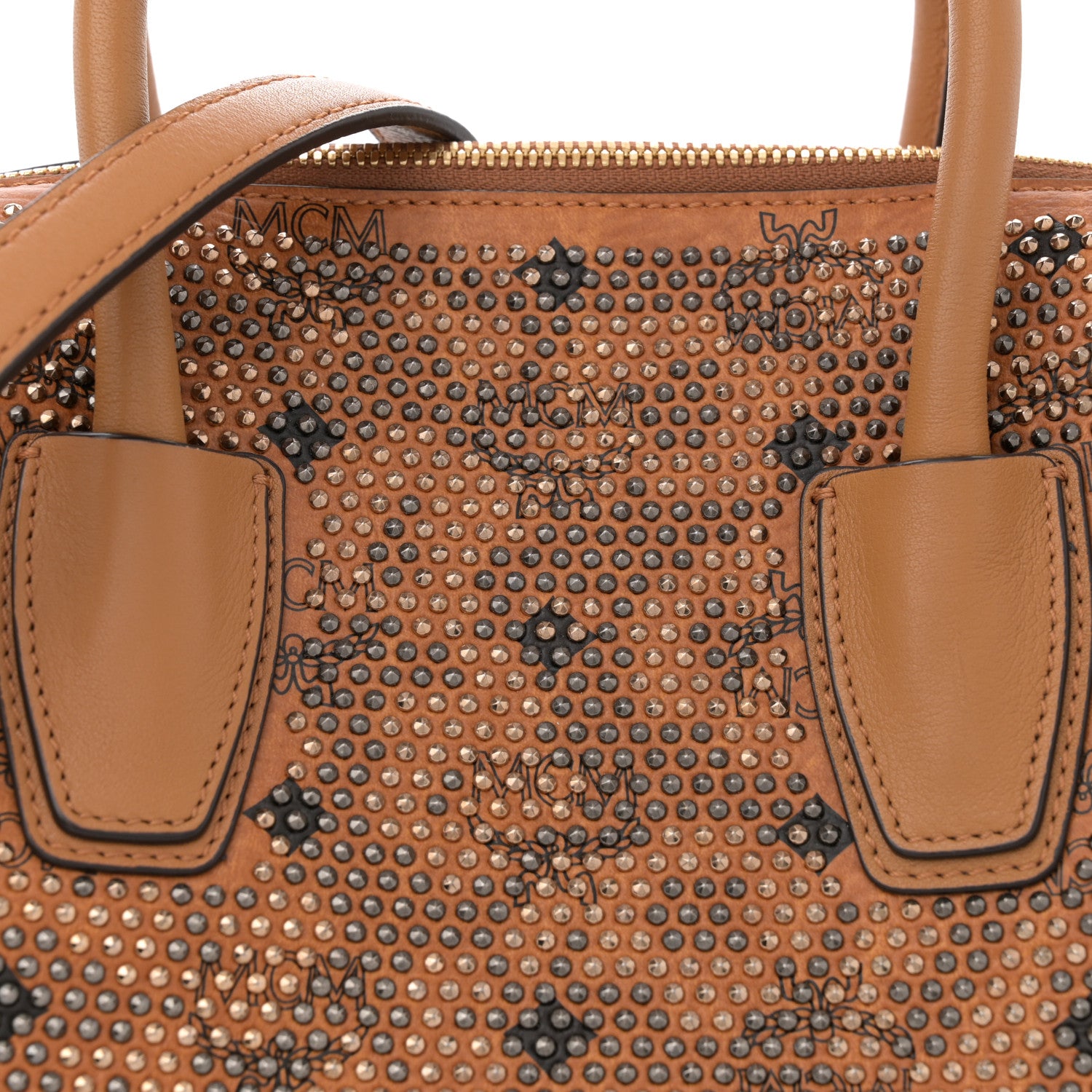 MCM Visetos Calfskin Studded Boston Bag Cognac 8 of 11