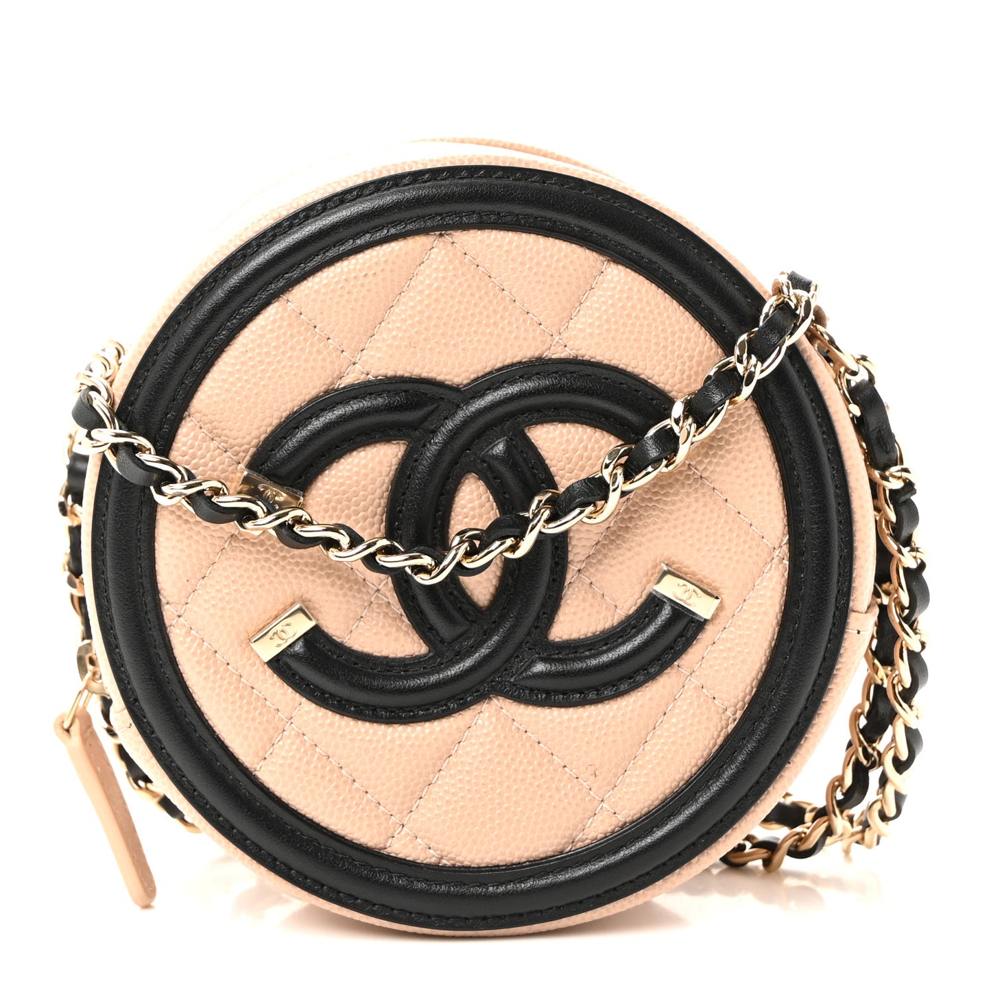 Caviar Quilted Round Filigree Crossbody Beige Black