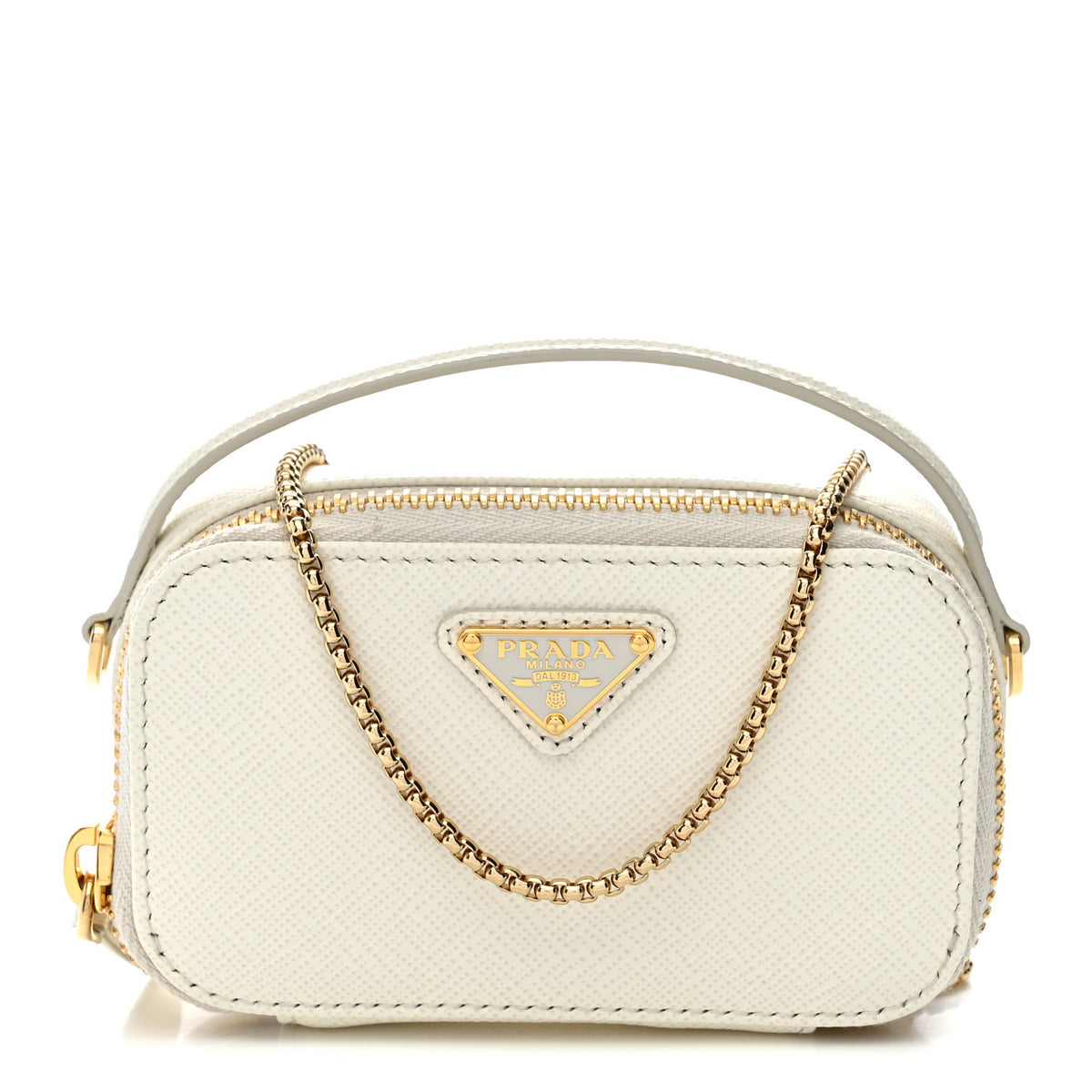 Saffiano Metal Triangle Logo Mini Pouch with Handle White