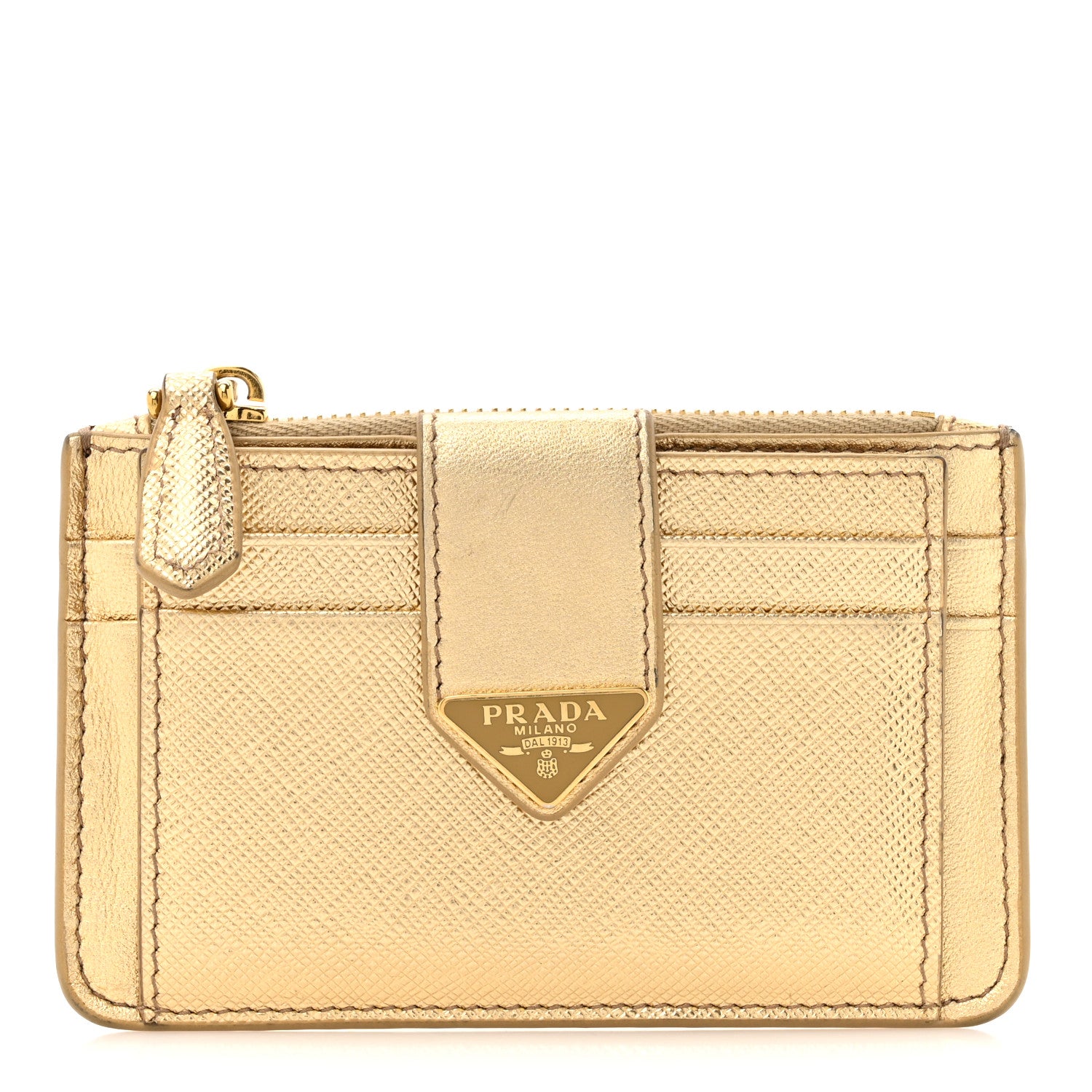Prada Metallic Saffiano City Calf Triangle Card Holder Gold 1 of 8