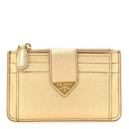 Prada Metallic Saffiano City Calf Triangle Card Holder Gold 1 of 8