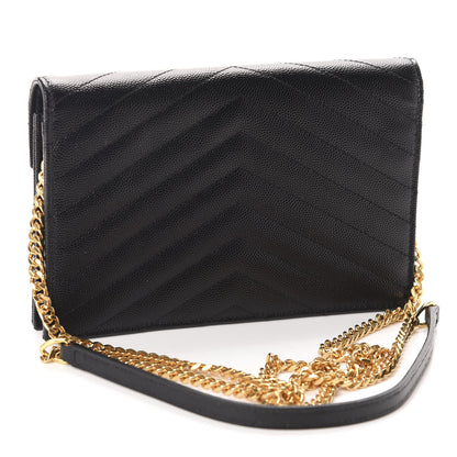 Saint Laurent Grain De Poudre Matelasse Chevron Monogram Envelope Chain Wallet Black 3 of 10