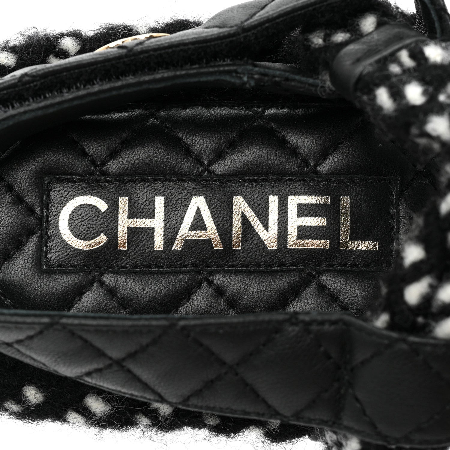 Chanel Cord Lambskin Quilted Logo Sandals 37 Black White 7 of 8