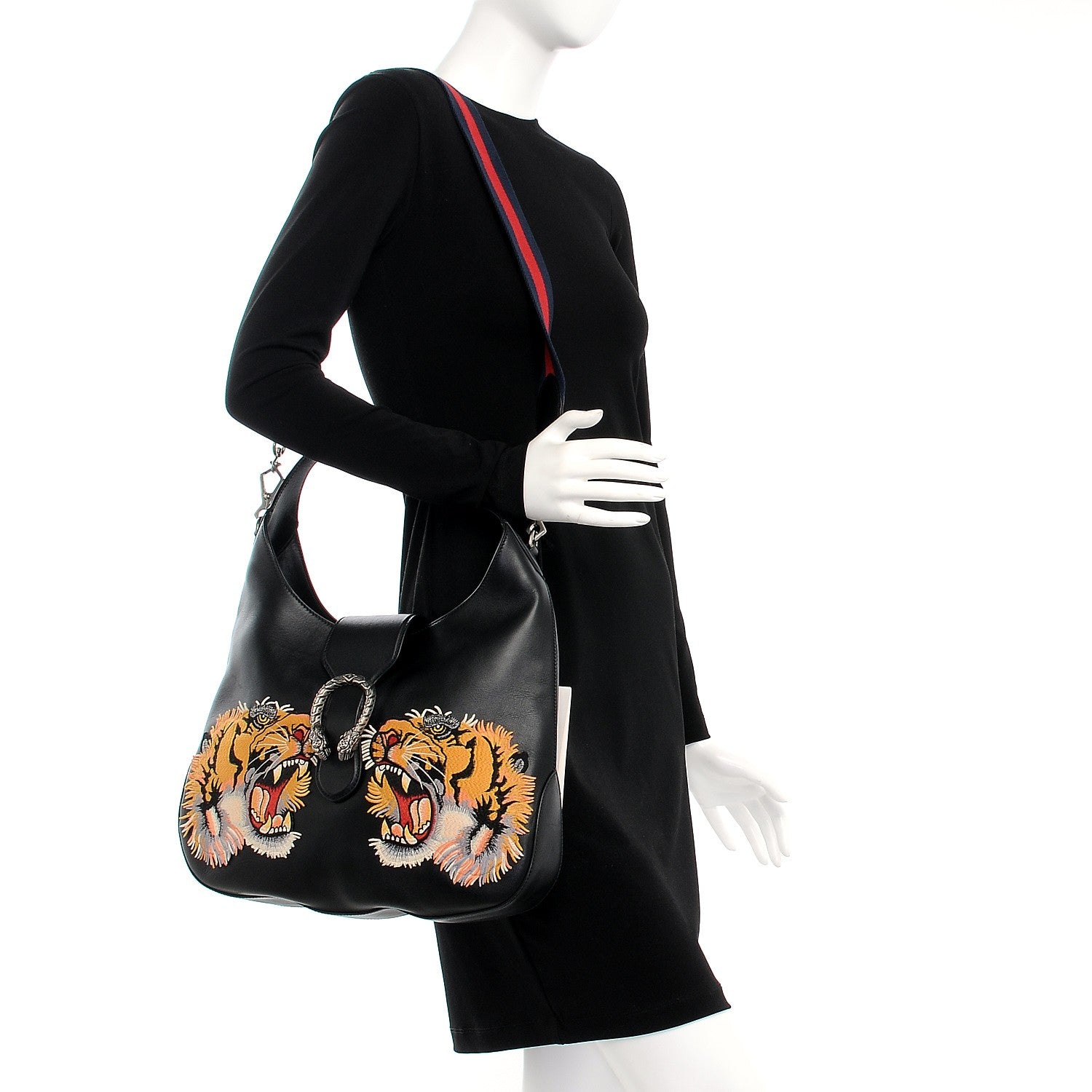 Gucci Calfskin Web Tiger Embroidered Medium Dionysus Hobo Black 2 of 8