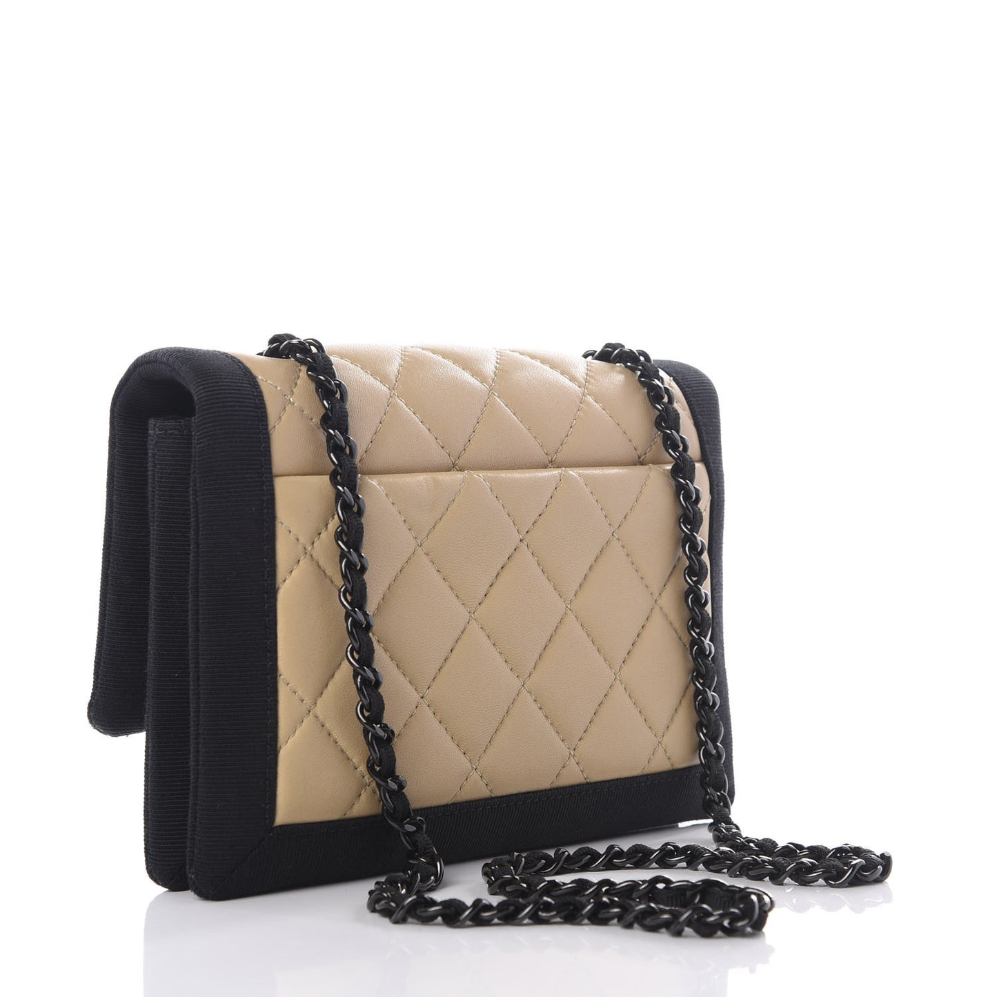 Lambskin Grosgrain Quilted Flap Beige Black