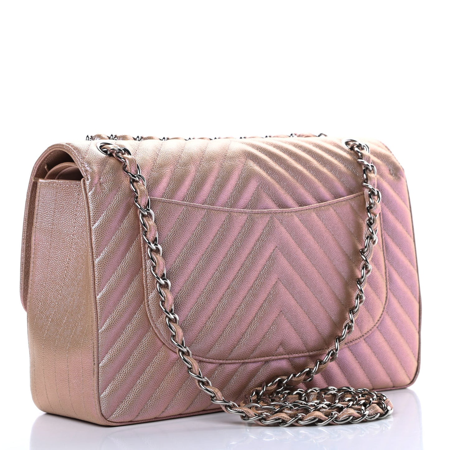 Metallic Caviar Chevron Quilted Jumbo Double Flap Light Gold