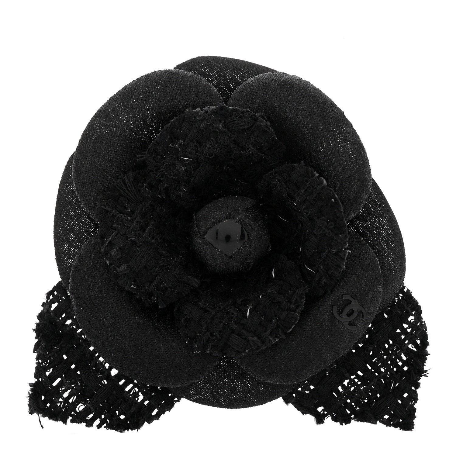 Chanel Tweed Fabric Camellia Pin Brooch Black 1 of 3