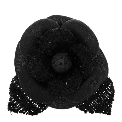 Chanel Tweed Fabric Camellia Pin Brooch Black 1 of 3