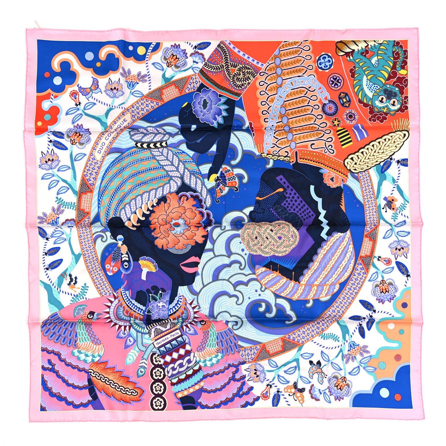 Silk Twill Duo Cosmique Scarf 90 Rose Pale Bleu Orange