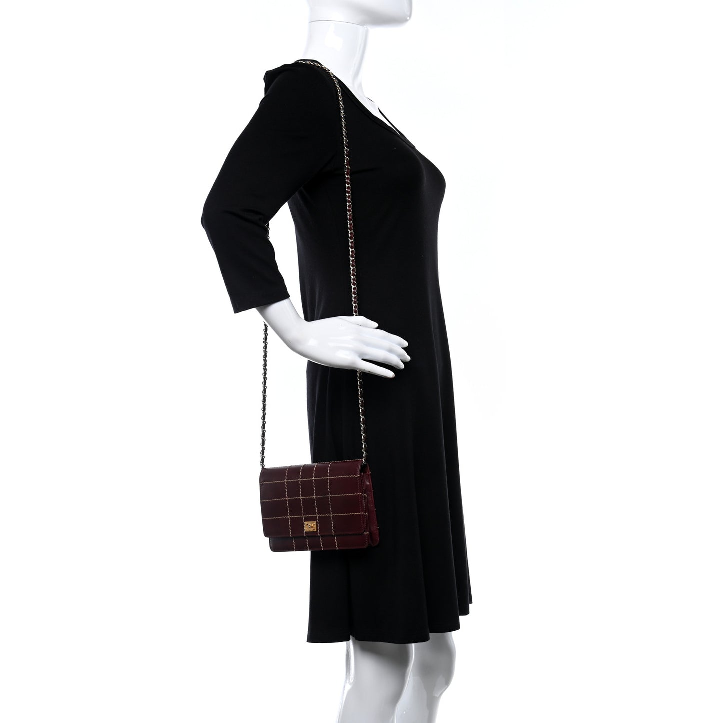 Calfskin Stitched Square Quilted Wallet On Chain WOC Burgundy