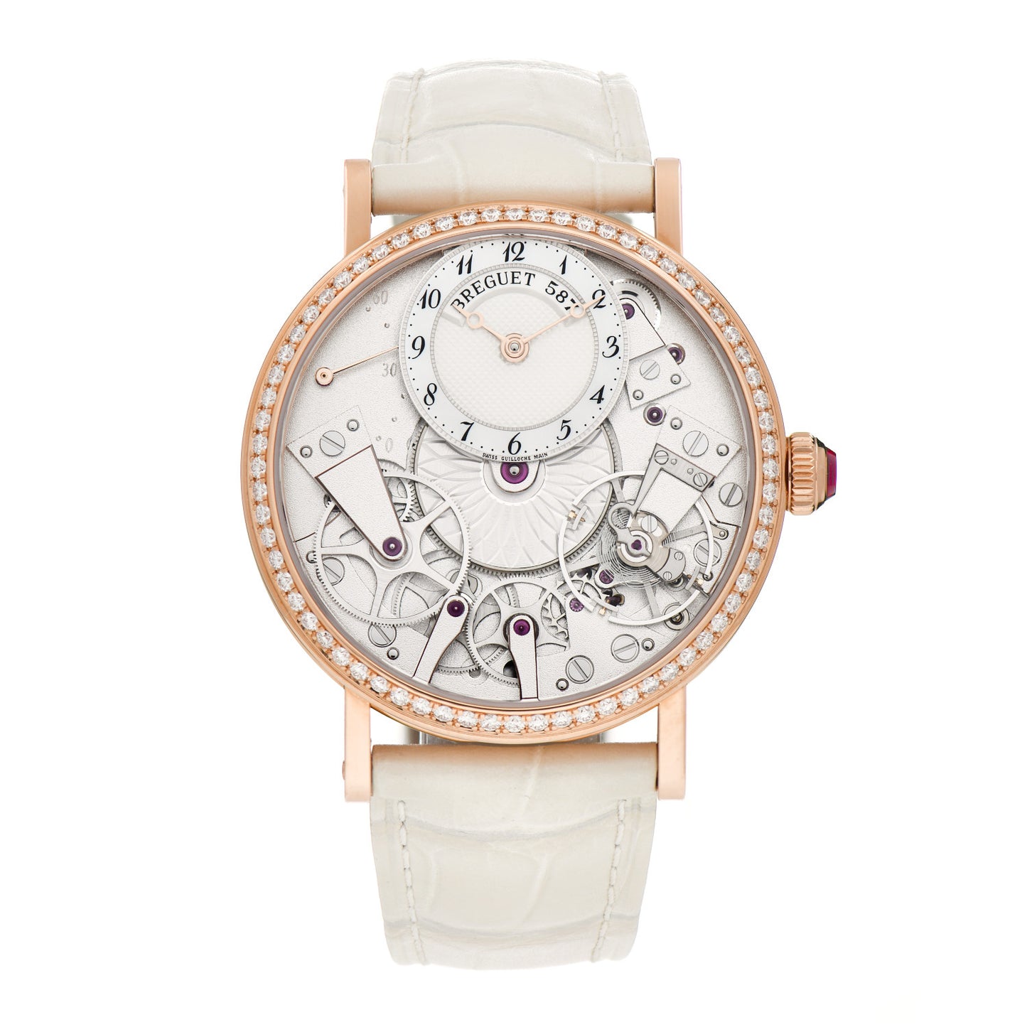 18K Rose Gold Alligator Diamond Bezel 38mm Tradition Dame Skeleton Automatic Watch 7038BR/18/9V6