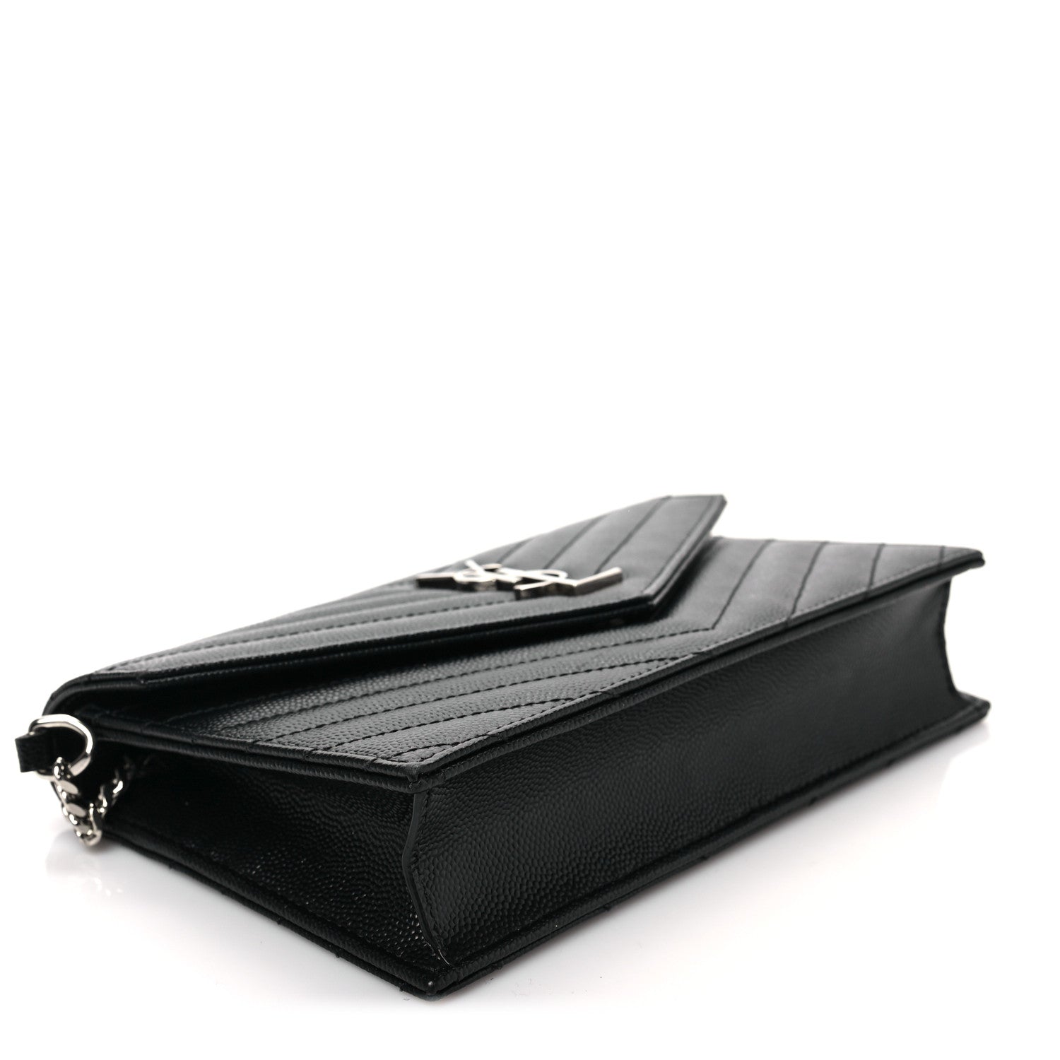 Saint Laurent Grain De Poudre Matelasse Chevron Monogram Envelope Chain Wallet Black 3 of 7