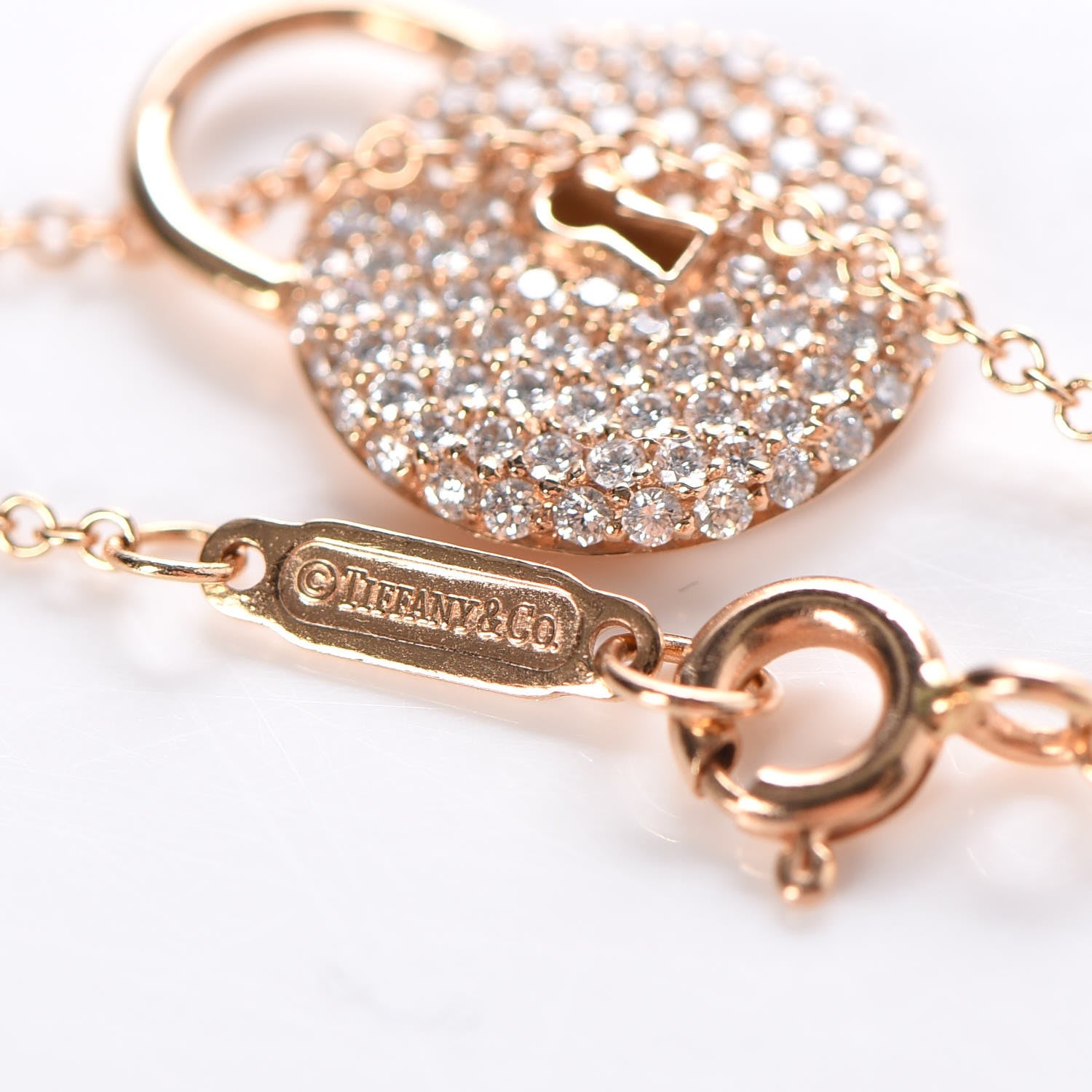 Tiffany 18K Rose Gold Diamond Lock Pendant Necklace 5 of 8