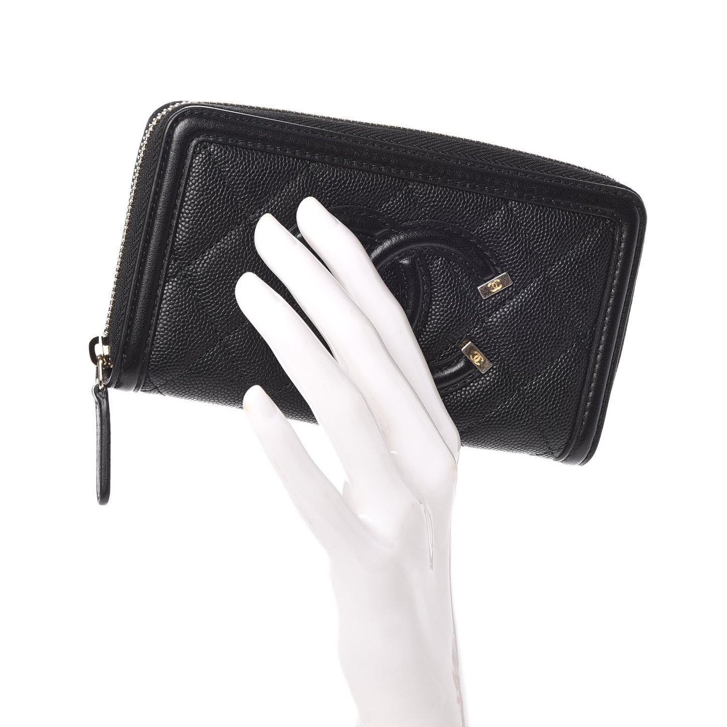 Caviar Quilted Small Filigree Zip Around Wallet Black