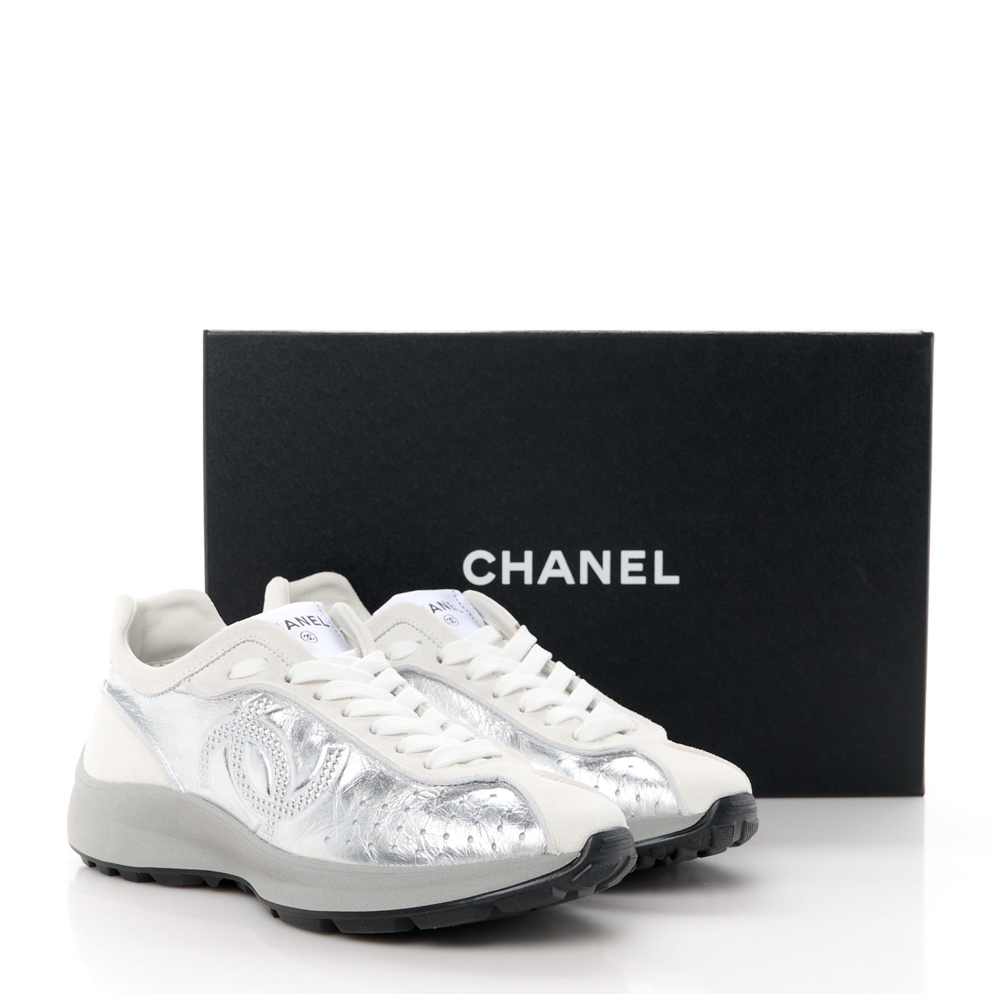 Laminated Calfskin Suede CC Sneakers 37 Silver Light Grey