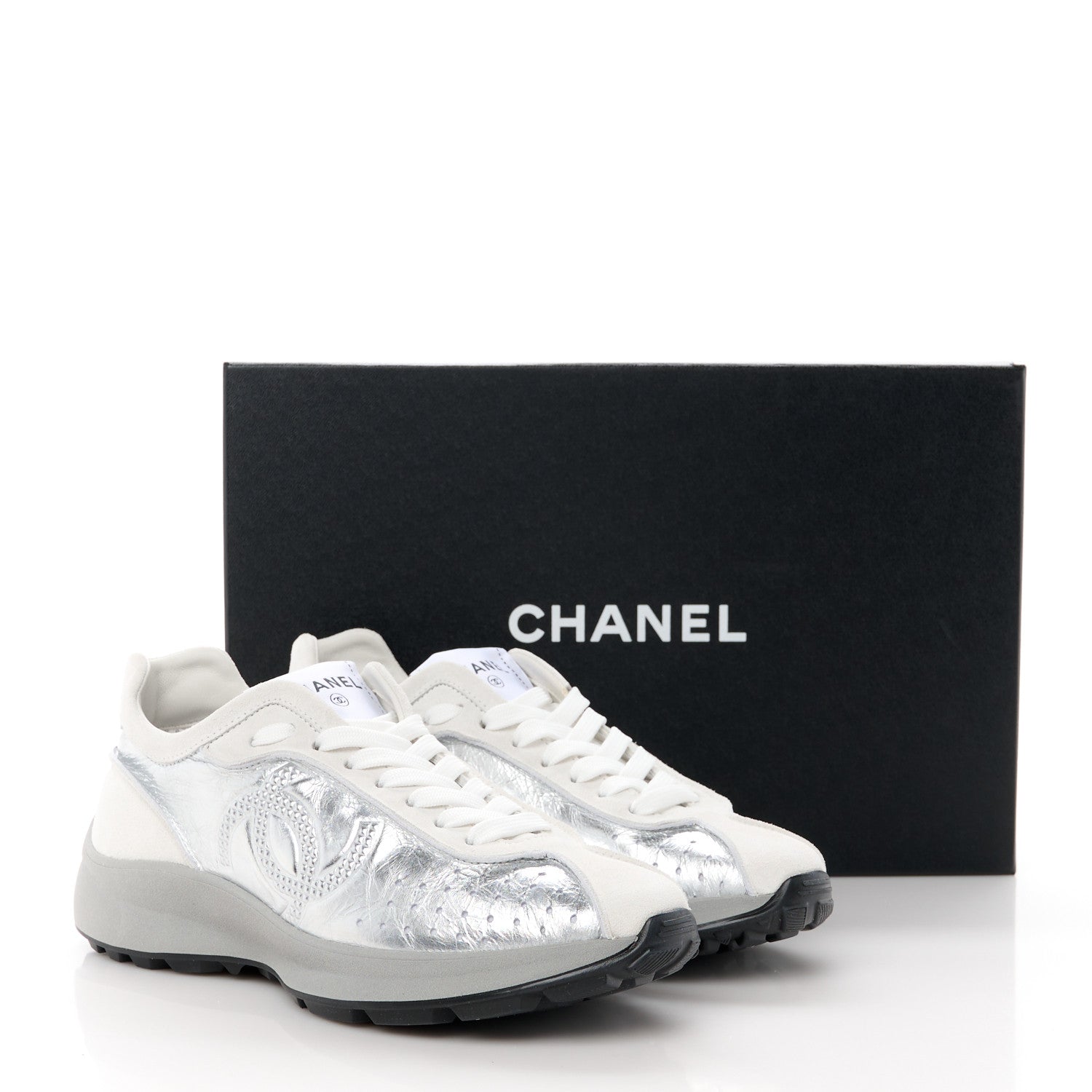 Chanel Laminated Calfskin Suede CC Sneakers 37 Silver Light Grey 9 of 9