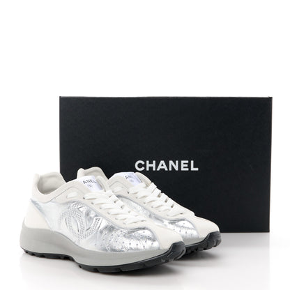 Chanel Laminated Calfskin Suede CC Sneakers 37 Silver Light Grey 9 of 9
