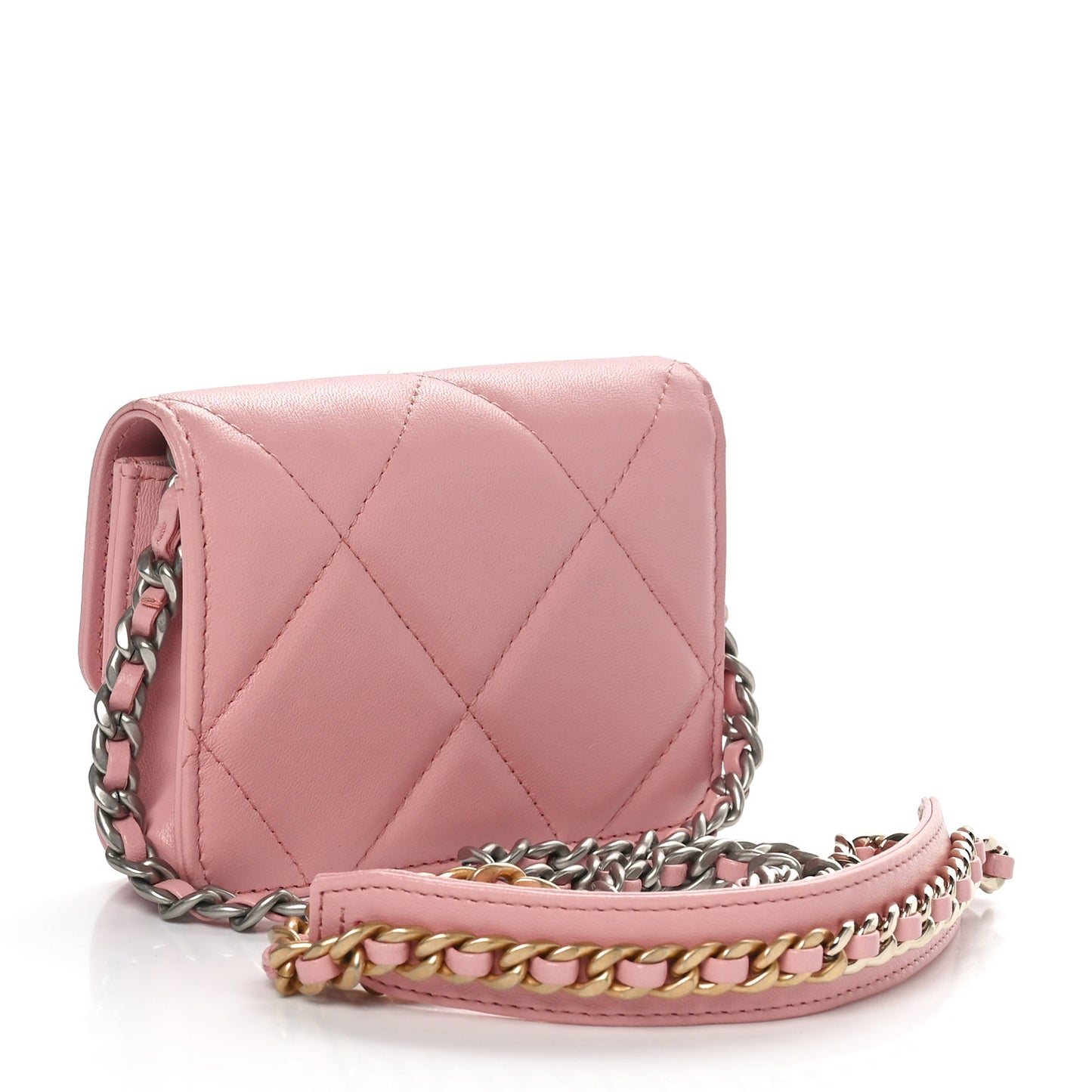 Lambskin Quilted Chanel 19 Flap Card Holder With Chain Rose