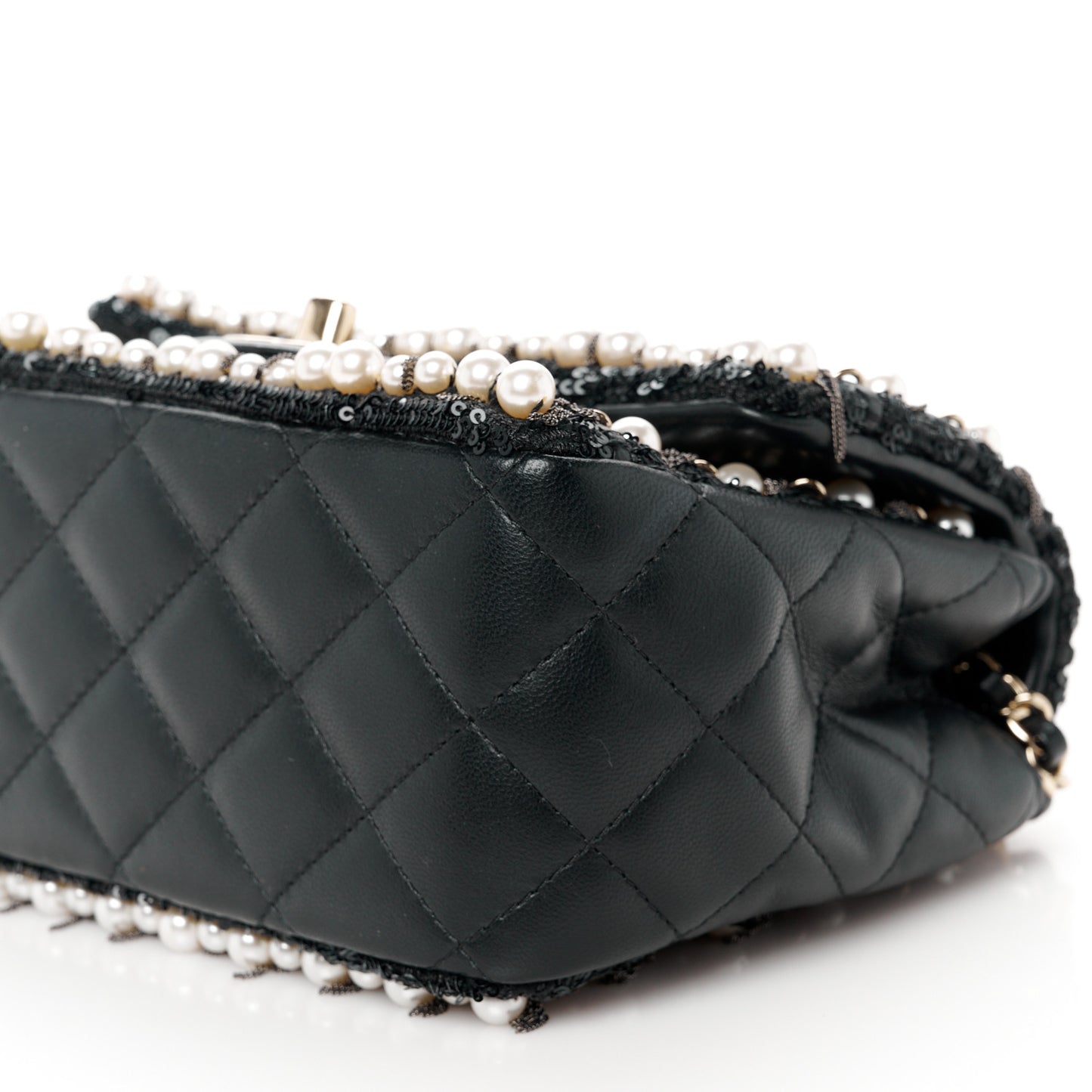 Lambskin Sequin Pearl Chain Fringe Mini Flap Black