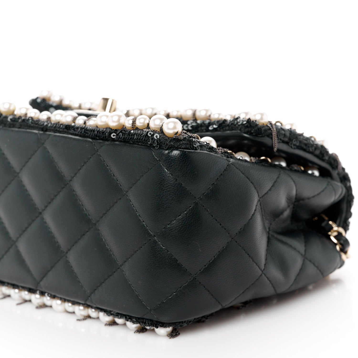Chanel Lambskin Sequin Pearl Chain Fringe Mini Flap Black 11 of 12