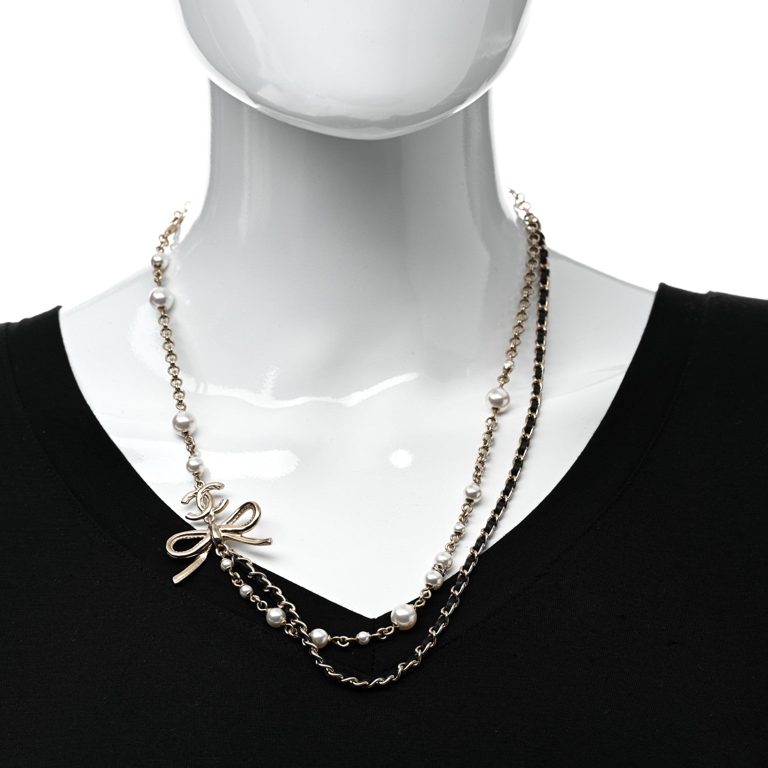 Chanel Calfskin Pearl Metal CC Bow Necklace Gold White Black 2 of 7