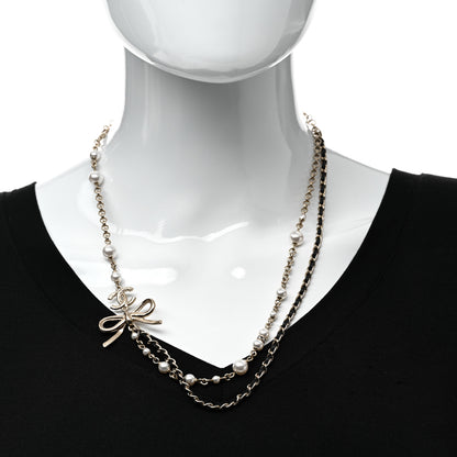 Chanel Calfskin Pearl Metal CC Bow Necklace Gold White Black 2 of 7