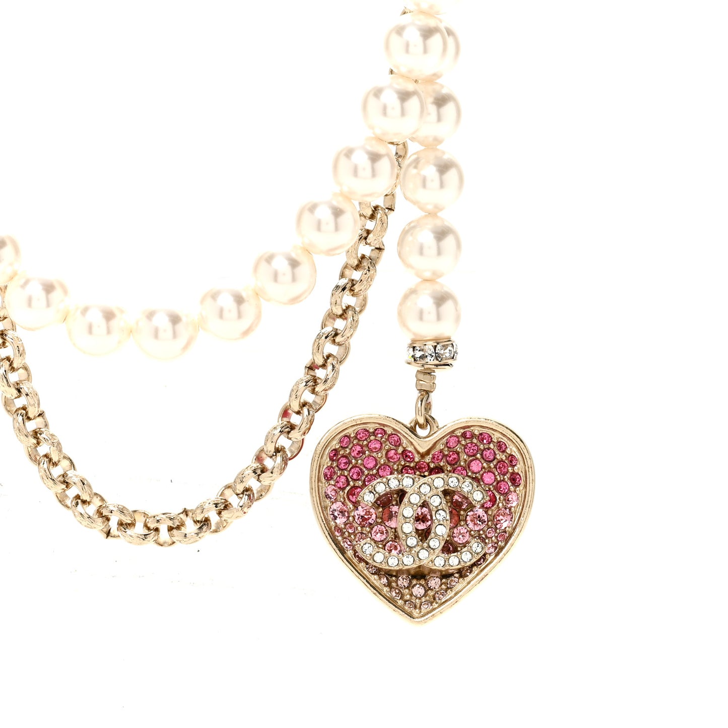 Pearl Crystal CC Heart Multi Strand Necklace Gold White Pink
