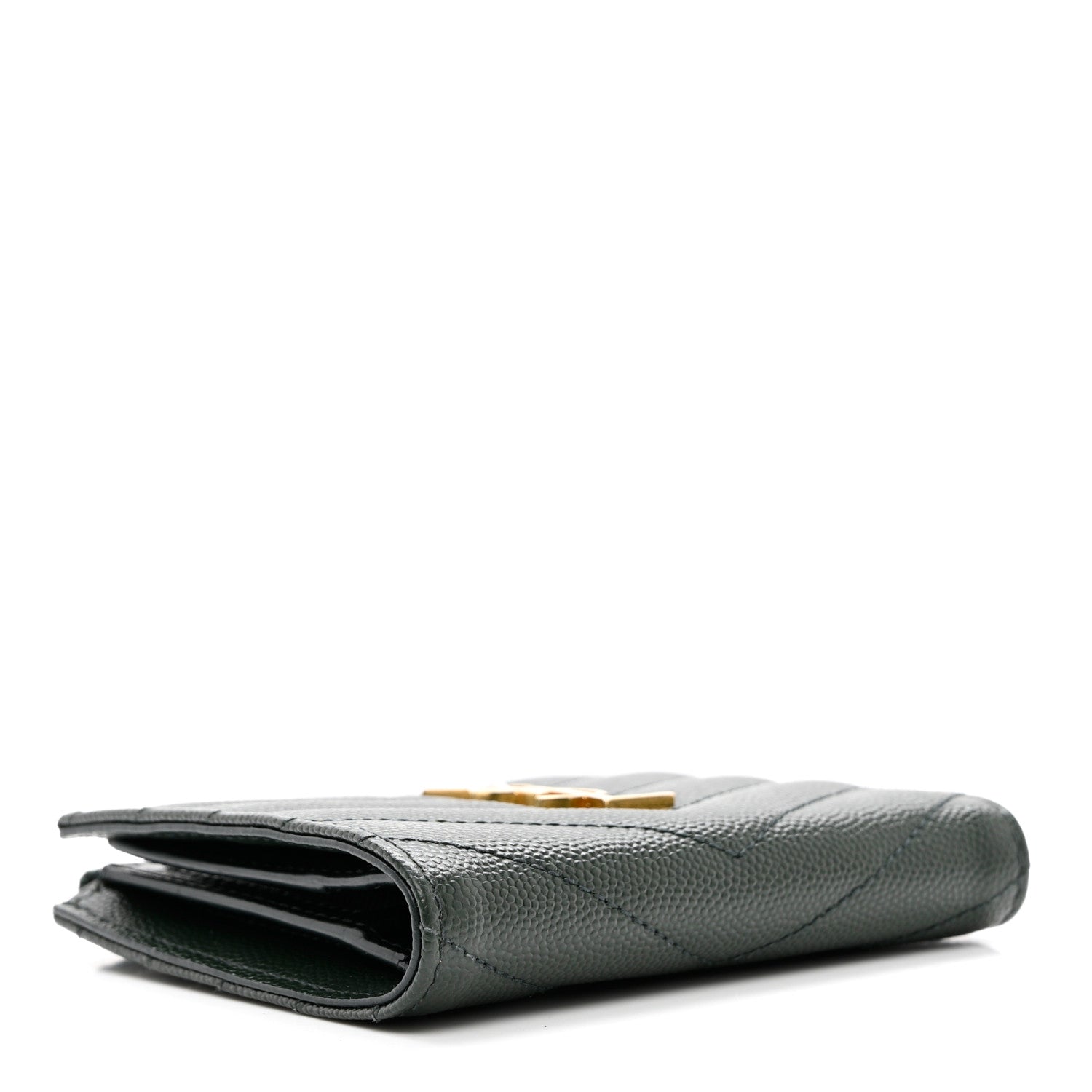 Saint Laurent Grain De Poudre Matelasse Chevron Monogram Zipped Card Case Green 4 of 9
