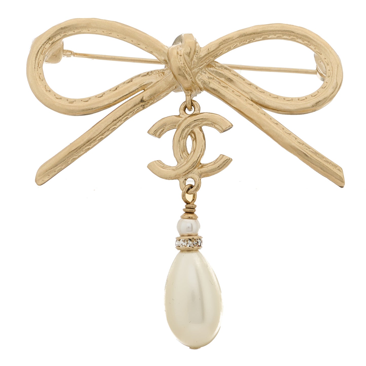 Pearl Crystal CC Bow Drop Brooch Gold